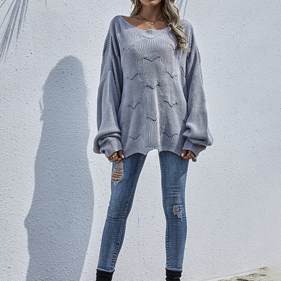 grey oversized loose fit scallop  sweater - Picture 4 of 6